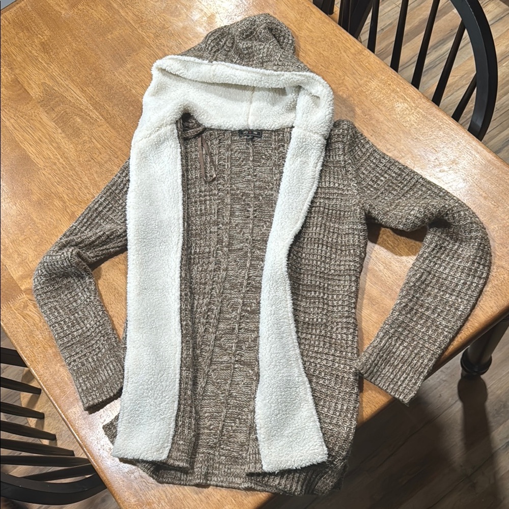 Brown and White Cardigan Sweater with Textured Knit